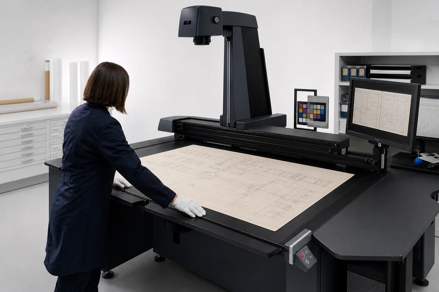 Careful digitisation of a large-format technical drawing with calibration and quality control