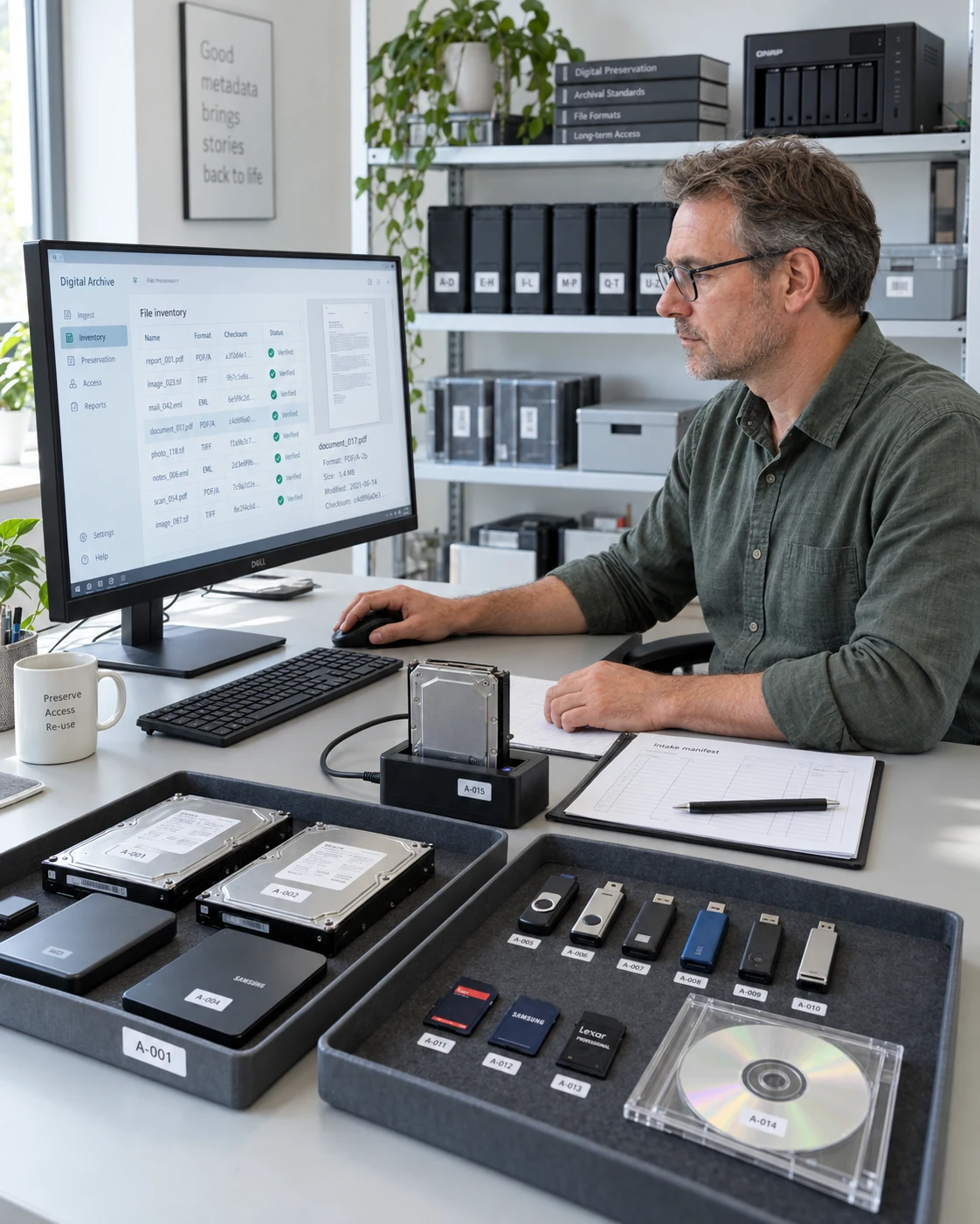 Illustratief beeld van intake van digitale datadragers en archiefmetadata