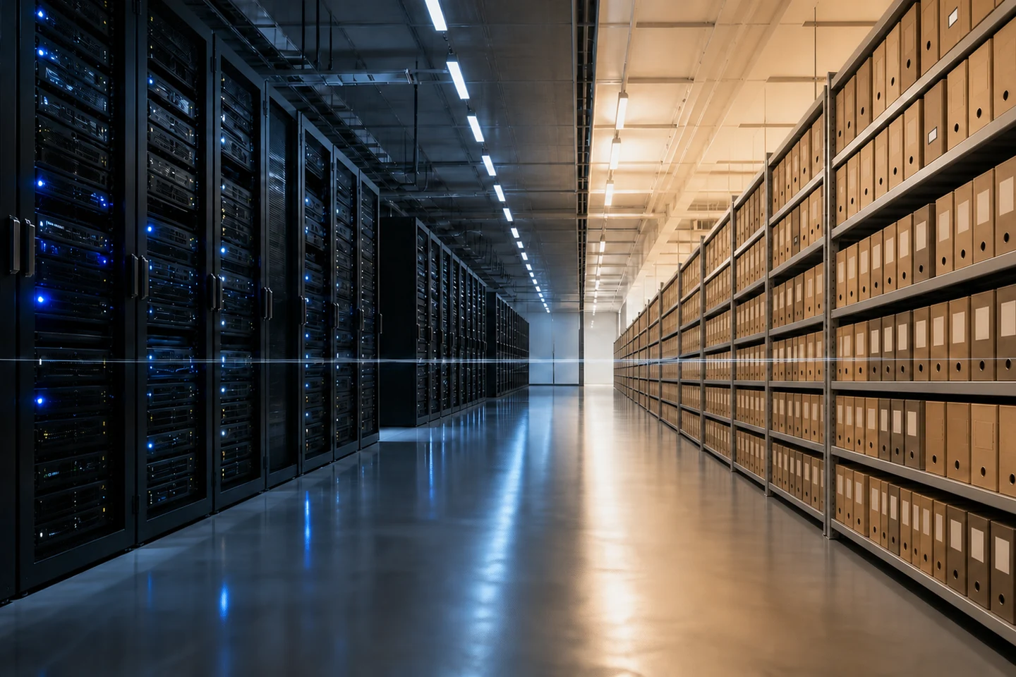 Gemeentelijke archiefdozen verbonden met gecontroleerde digitale dataopslag