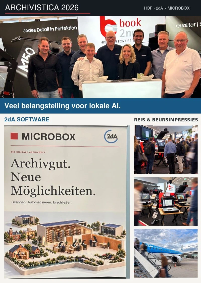Photo collage of the 2dA and MICROBOX teams and their presentation at ARCHIVISTICA 2026 in Hof